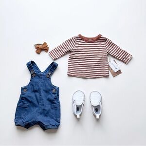Easy Peasy Rust Long-Sleeve Top & Denim Short Overalls (shoes not included)